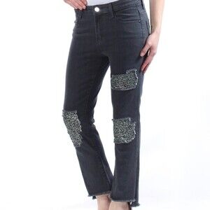 DKNY Charcoal Grey Silver Sequins Raw Hem Cropped Skinny Pants Size 29